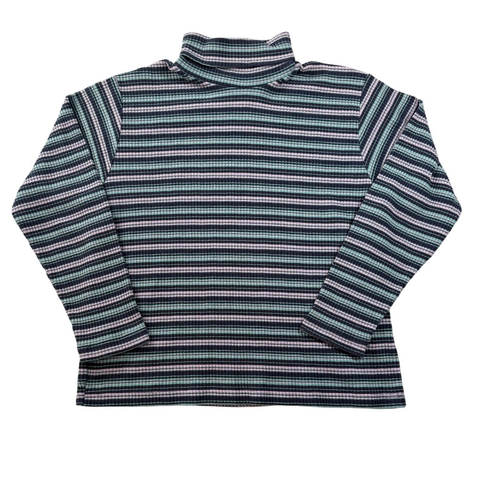 VTG White Stag Womens XL Turtleneck Ribbed Knit Striped Purple Teal Long Sleeve
